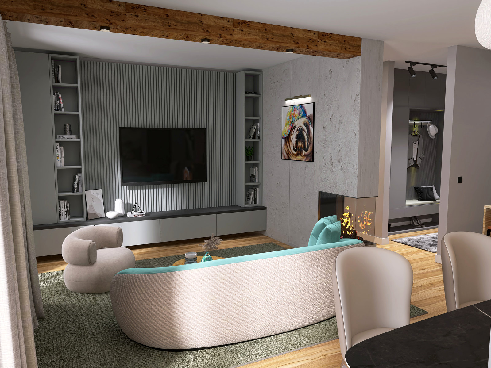 Visualisierung des neuen offenen Wohnbereichs mit Kamin und TV-Wand