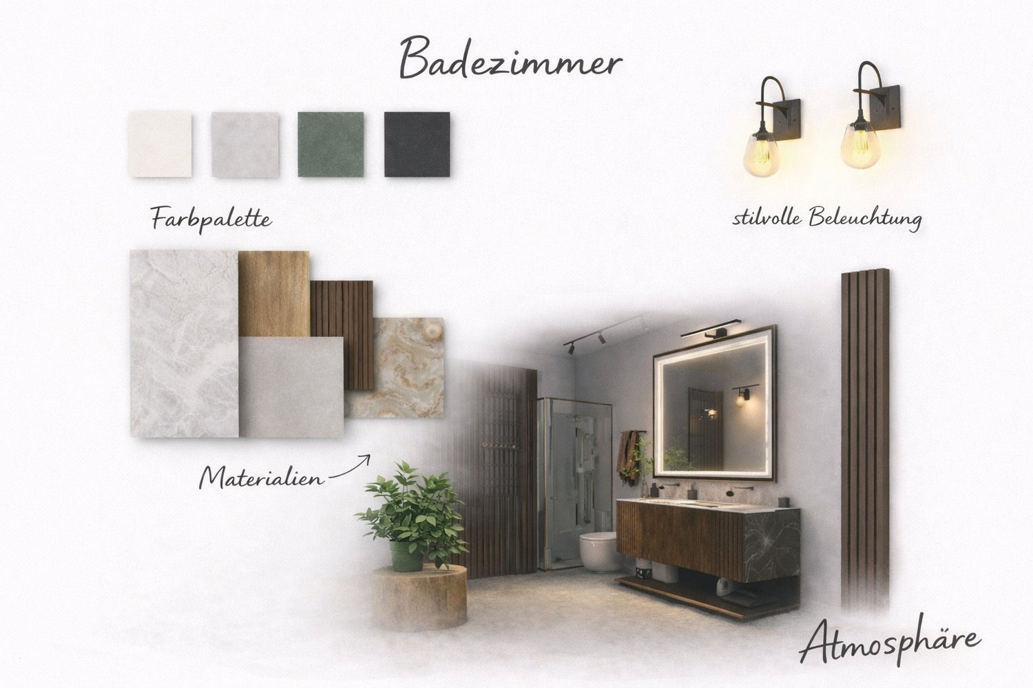 Materialkonzept Bad: Farbpalette, Materialien, Beleuchtung, Atmosphäre