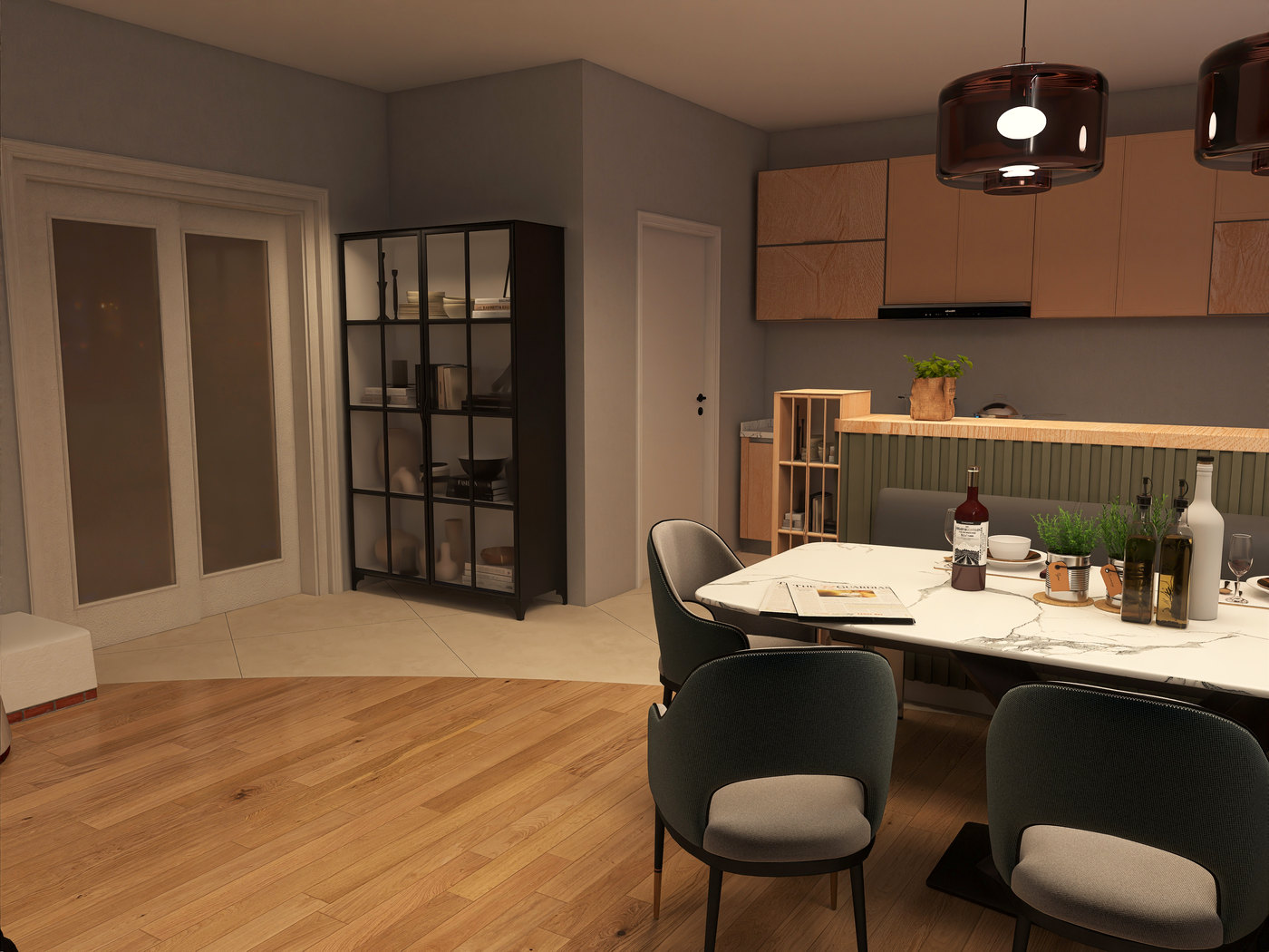 Visualisierung: Blick vom Wohnzimmer Richtung Eingang und Küche